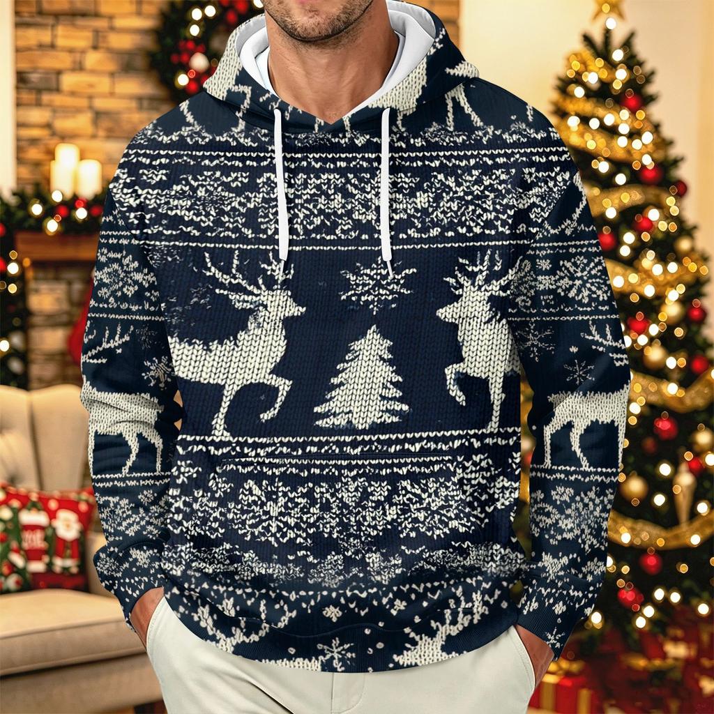 Men's Long Sleeve Christmas Print Pullover Hoodie for Holiday Party and Everyday Wear