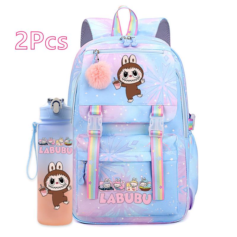 2Pcs/set Cute Printed Backpack with 750Ml Outdoor Sports Water Bottle Student Girl Boy Schoolbag Large Capacity Travel Bag Gift
