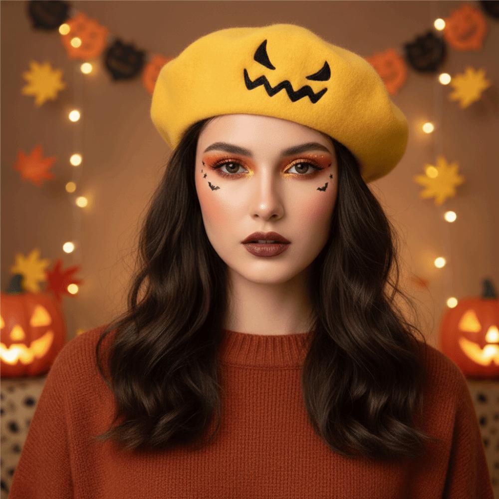 Embroidered Pumpkin Face Cap Lightweight Embroidered Painter Hat Pumpkin Beret Hat  Holiday Gift