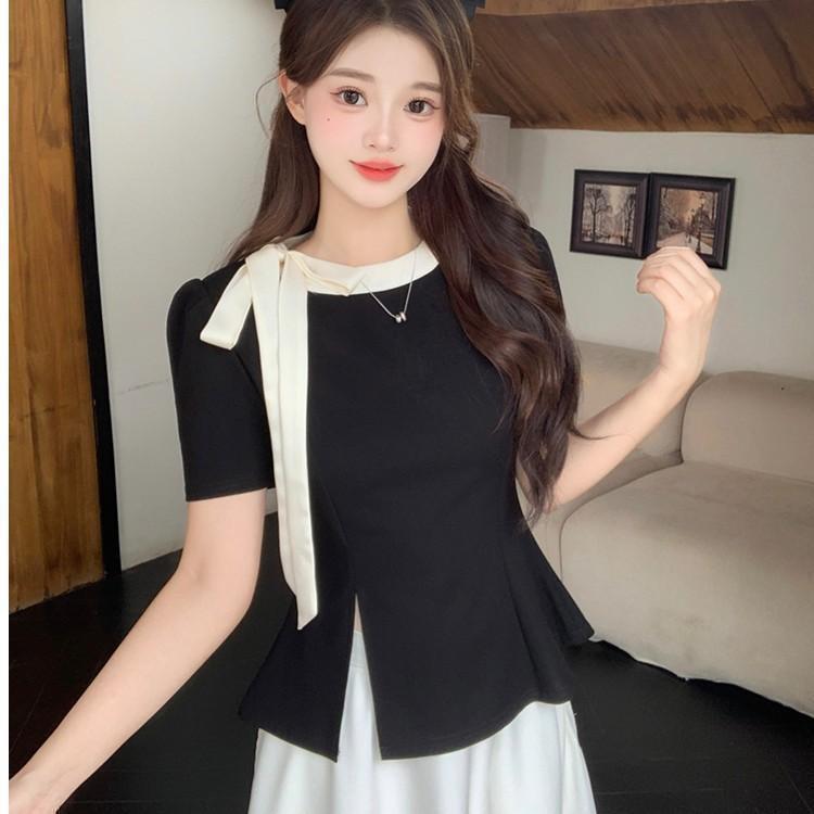 Plus Size Women s Color Block Lace-up Short Sleeve Bow Knot Top S (approx. 30-40kg) чёрный
