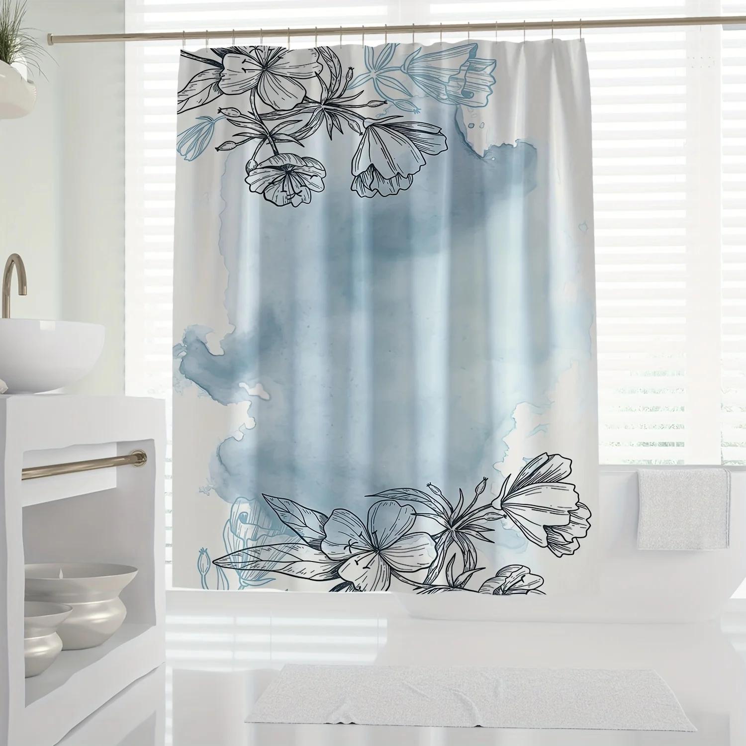 

1Pc Floral Pattern Shower Curtain With Hooks, Waterproof Bathroom Partition Curtain, Bathroom Accessories, Home Decor W60H190(CM)-1 Pcs