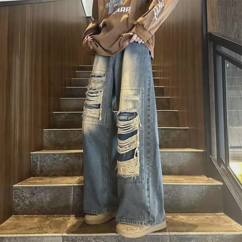 Men's Retro Wide-Leg Ripped Jeans: Spring/Autumn, High Street Casual Trousers