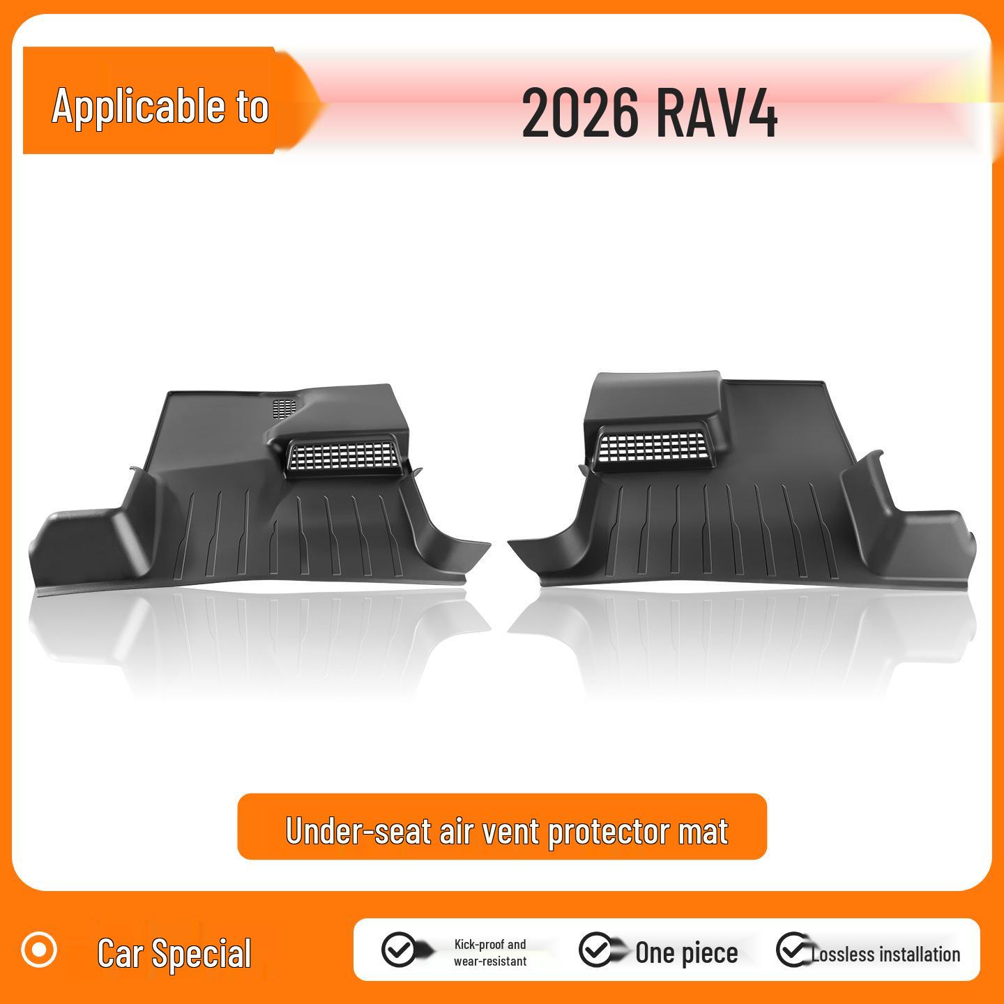 

Toyota RAV4 Kick Mats: Velour Seat Bottom, Air Vent Protection, Full Coverage Mesh Panel.