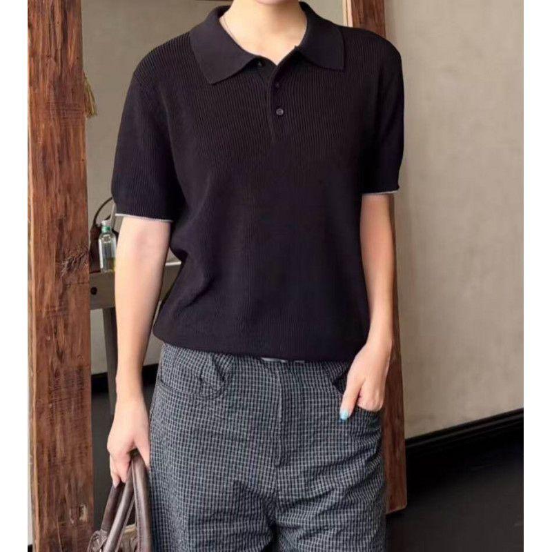 Polo Noir Homme Manches Courtes Tricoté Haut Décontracté Confortable Coupe Régulière Tenue Quotidienne Streetwear
