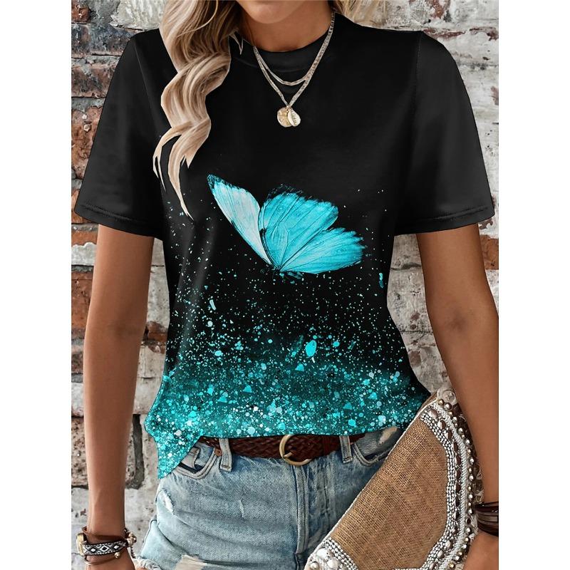 Women's T-Shirt Summer Butterfly Pattern Print Short Sleeve Fashion New Sexy Women's Clothes Print Tees Casual Women's Clothing