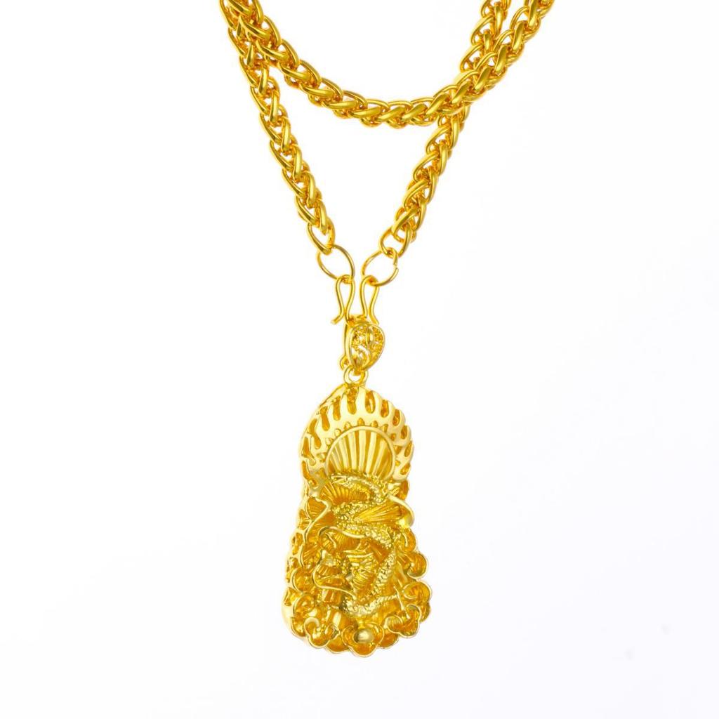 Men's Gold-plated Large Tag Necklace, Flame Square Dragon Brand, Guanyin Maitreya Buddha Pendant Necklace.