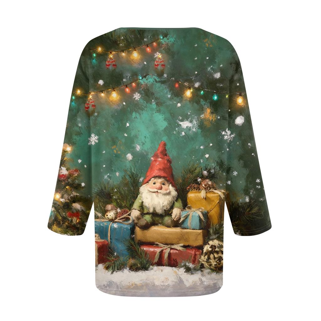 Women's Loose Comfortable Casual Fashion V-Neck Christmas Print 3/4 Sleeve Top
