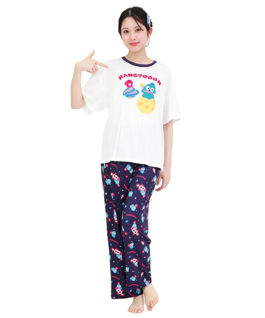 SAZAC Cosmic Hangyodon Pajama Powder Stretch Short Sleeve and Long Pants Loungewear x Set, Fabric, Women's Set, (White Navy/M/SAN1954)