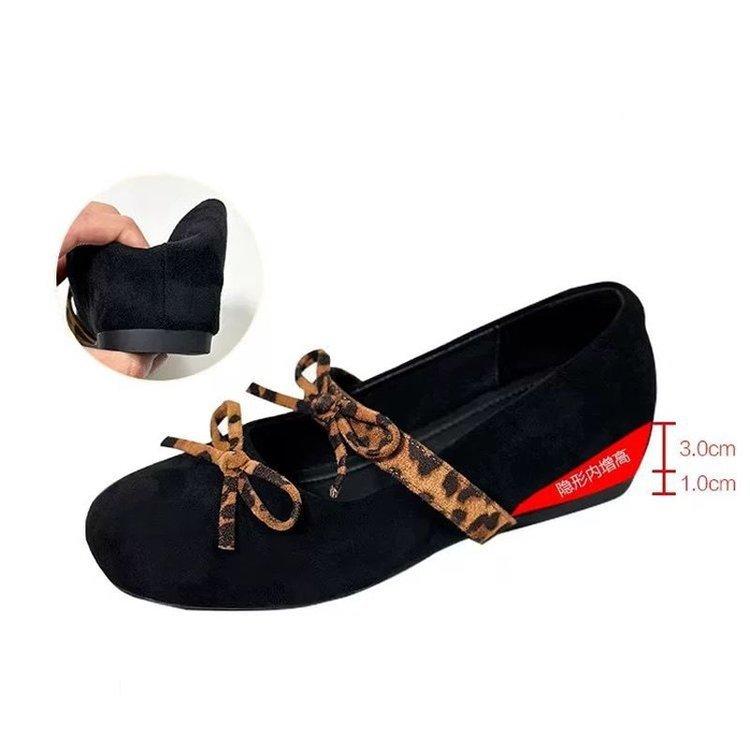 

Sheepskin version! Retro single shoes women s suede round head light mouth leopard print bow inner height increase Mary Jane ballet shoes 35 чёрный