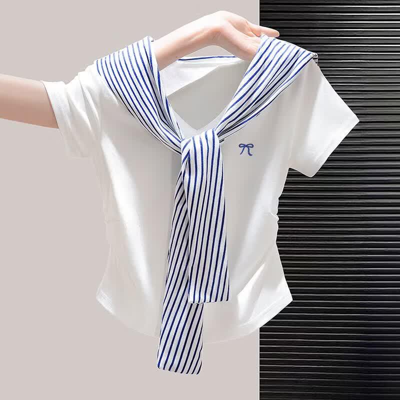 Sibaishi Women's V-Neck Faux Two-Piece Patchwork T-Shirt