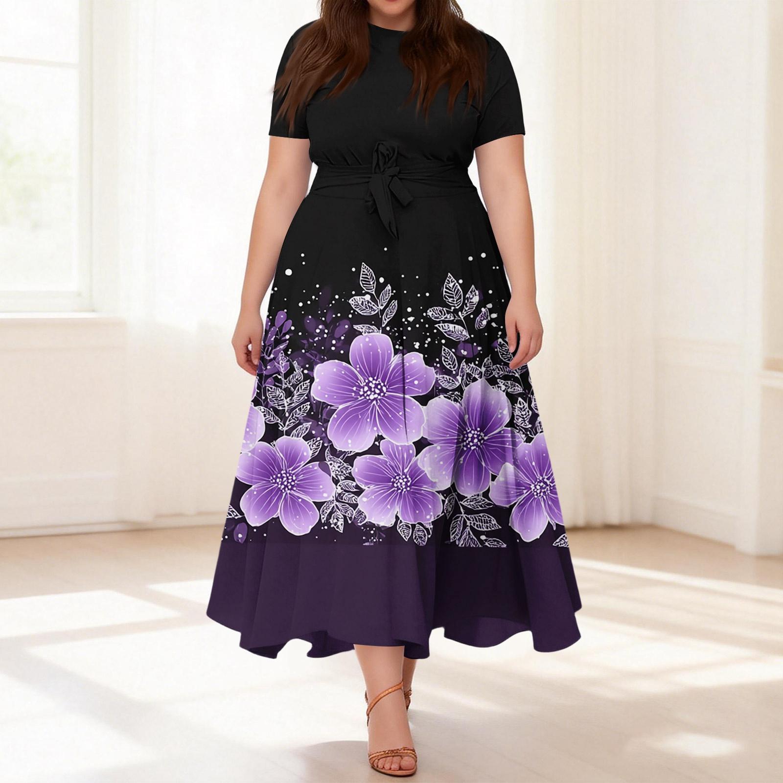 

Women s Casual Fashion Plus Size Retro Floral Print Round Neck Short Sleeve Pocket Tie-Waist Dress XXXXL