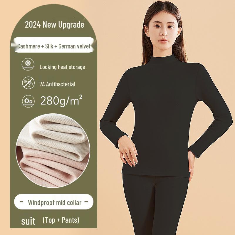 Damen- und Herren-Kaschmir-Seiden-Thermo-Unterwäsche-Set für Herbst/Winter – Warm, verdickt, halbochgeschnitten für Erwachsene
