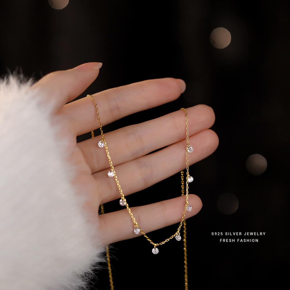 

925 Sterling Silver Tassel Zirconia Delicate Necklace for Women Fashionable Temperament Versatile Collarbone Chain Jewelry золотой