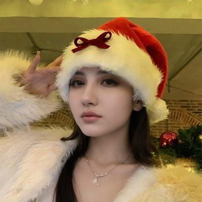 New Bow Plush Christmas Hat Adult Red Black Xmas Hat Women Santa Claus Cosplay Props Winter Caps DIY Christmas Party Decor Gift