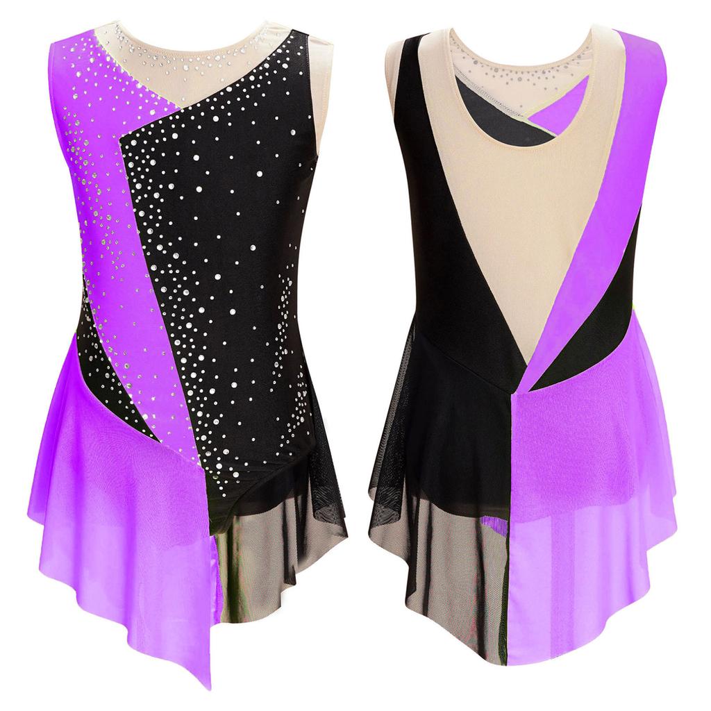 Kids Girls Sparkly Rhinestone Leotard Sheer Mesh Patchwork Sleeveless Dance Gymnastics Figure Skating Dress