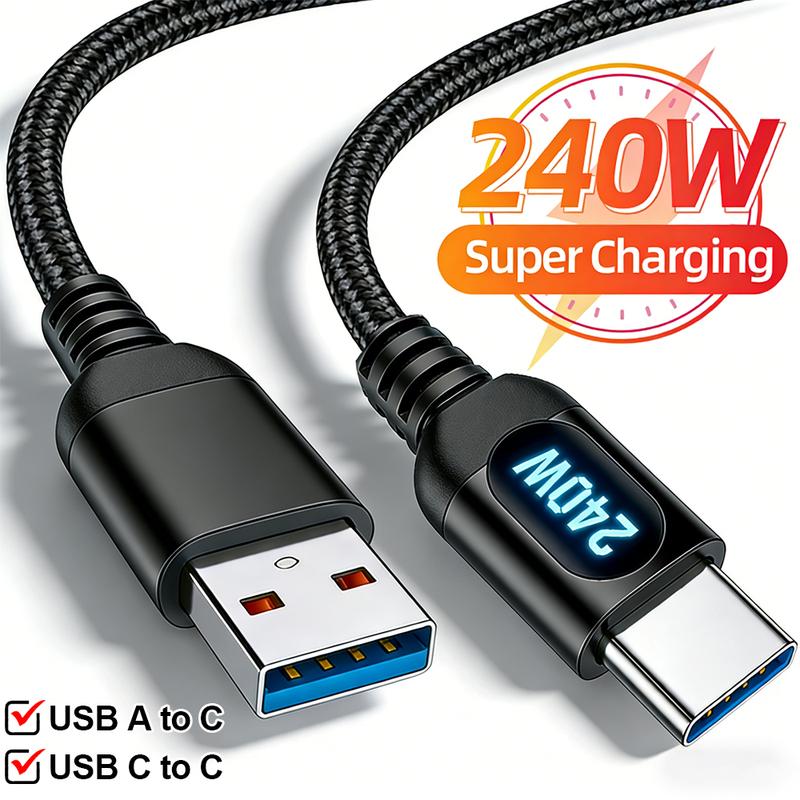 USB Type-C Cable 240W LED Digital Display Quick Charging Data Line USB A To C Sturdy Nylon Braided Wire Cord for IPhone Samsung