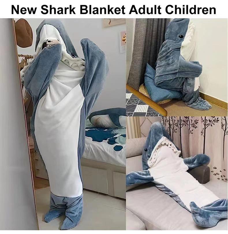 Cartoon Flannel Shark Sleeping Bag Pajamas - One-Piece Home Wear for Autumn and Winter