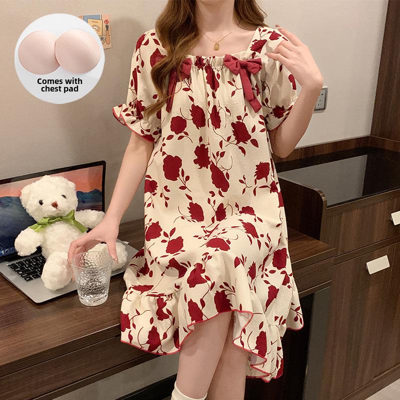 Summer Bubble Cotton Nightdress for Women with Chest Pads - Sweet, Cute, and Versatile Short-Sleeve Pajamas