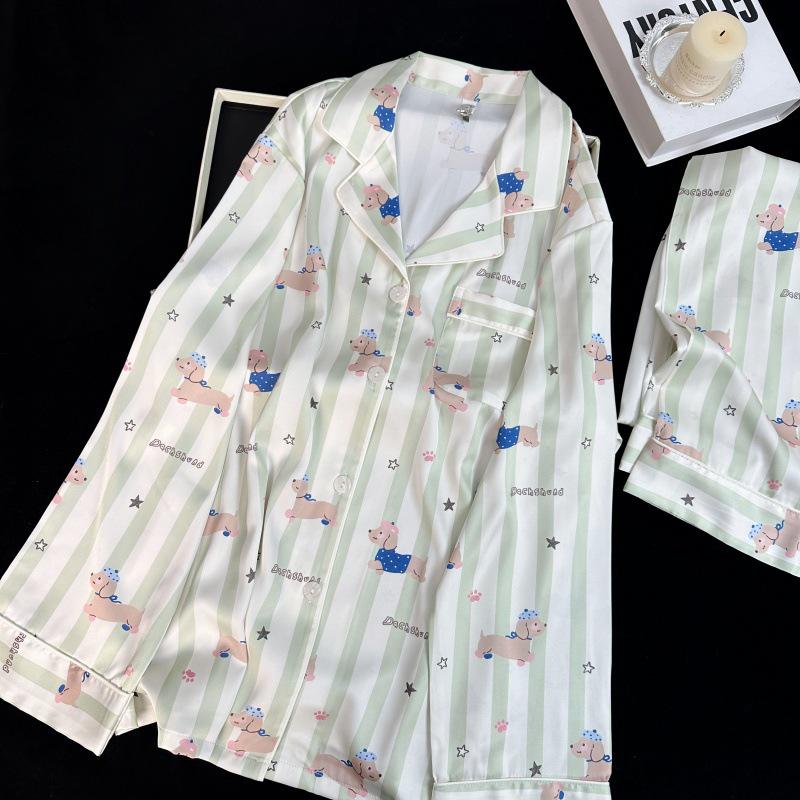 Yase Green Striped Dachshund Ice Silk Long Sleeve Cardigan Set Medium