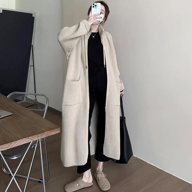 Autumn and winter new design stand-up neck knitted cardigan women's fashion long zipper sweater jacket