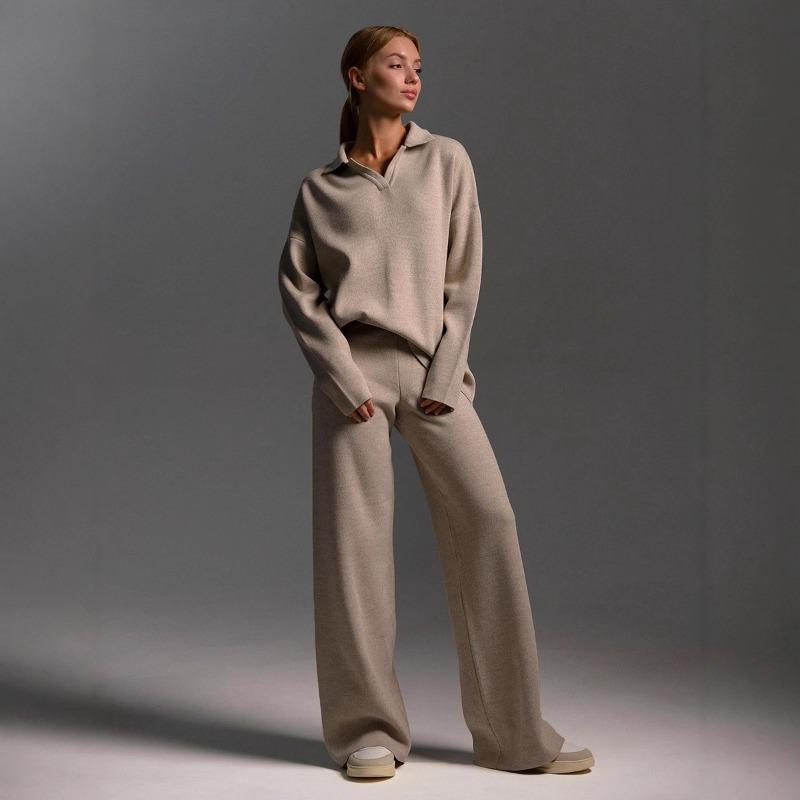 New Fall/Winter Women's Two-Piece Set Polo-Neck Knit Pullover and Wide-Leg Pants
