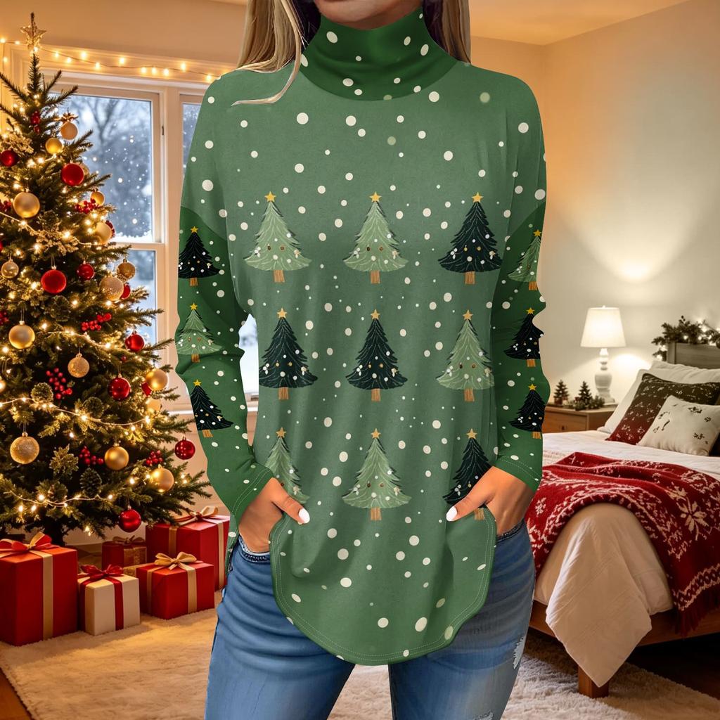 Women's Loose Fit Turtleneck Christmas Print Long Sleeve Pullover Top for Holiday