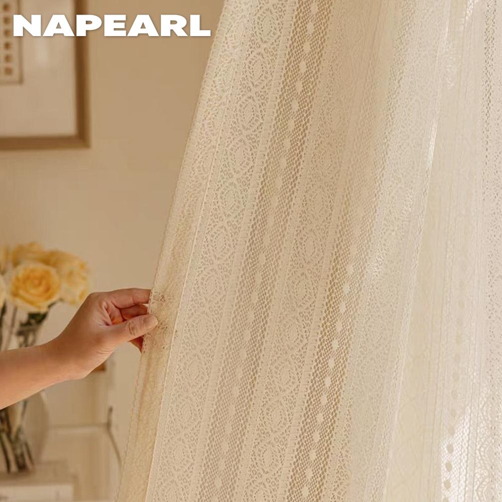 1 Stück NAPEARL Beige Tüll Französisch Retro Jacquard Rüschenkante Transparenter Vorhang für Wohnzimmer Schlafzimmer Balkon Fenster Heimdeko