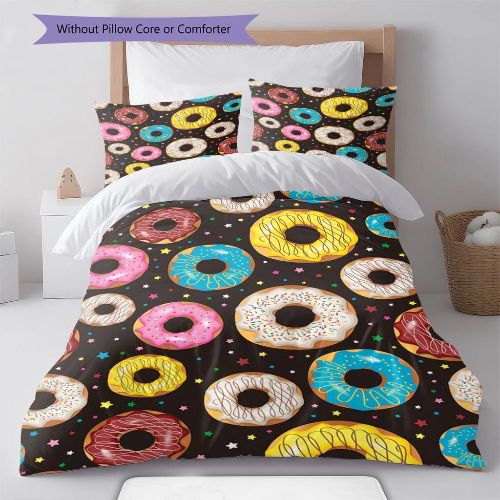 Pościel z wzorem kreskówkowych pączków Zestaw kołdry Poszewka na kołdrę Poszewka na poduszkę Dekoracja domu Prezent (1 * poszwa na kołdrę + 2 * poszewki na poduszki, bez rdzenia)