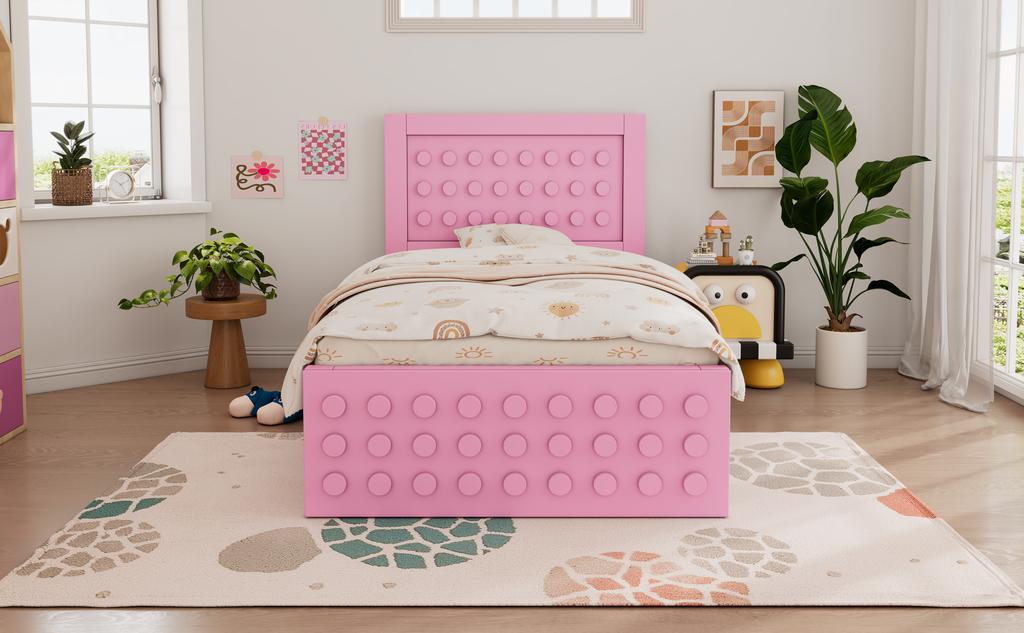 Wooden Single Children's Youth Bed 90x200 cm, with Creative Block Design, Solid Wood Frame, with Drawers & Under-Bed Storage, Pink, Without Mattress
