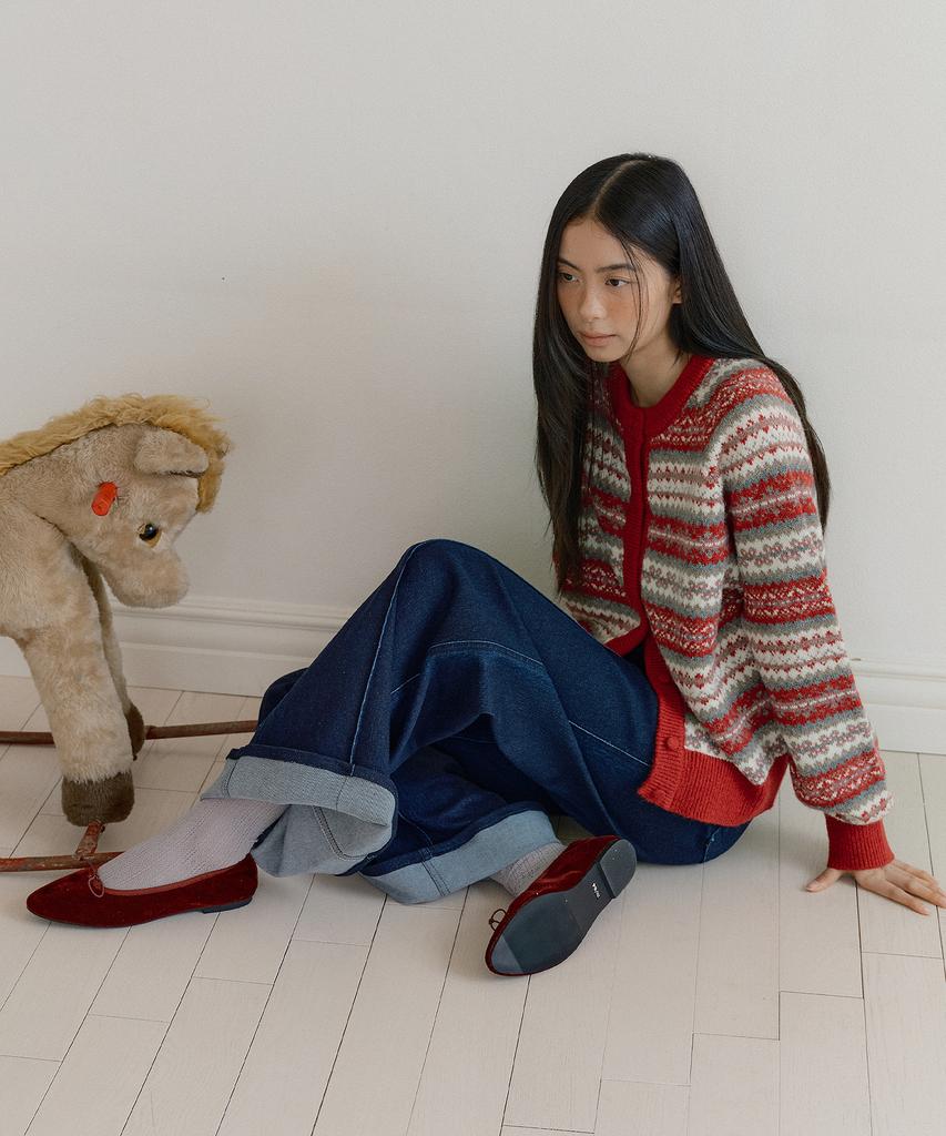 Lucir Zu Fair Isle Raglan Sweater Cardigan (Red)