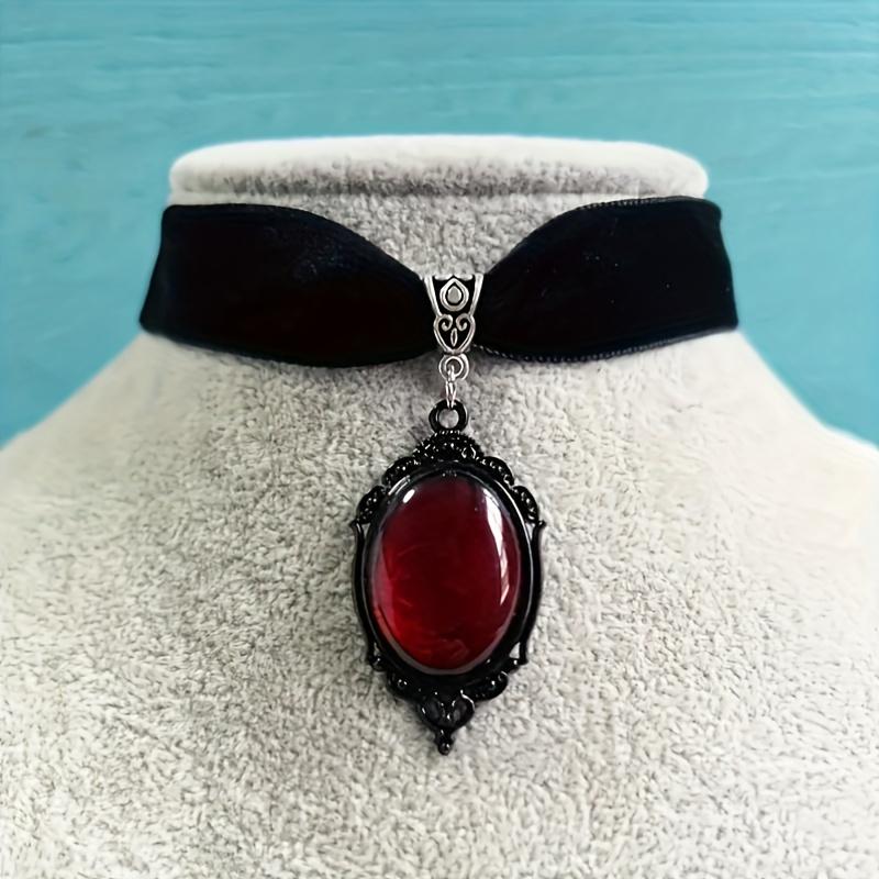 Vintage Gothic Black Velvet Choker Necklace with Red Gemstone Pendant Alloy Collar for Women, Daily Wear, All-Season Fashion Accessory