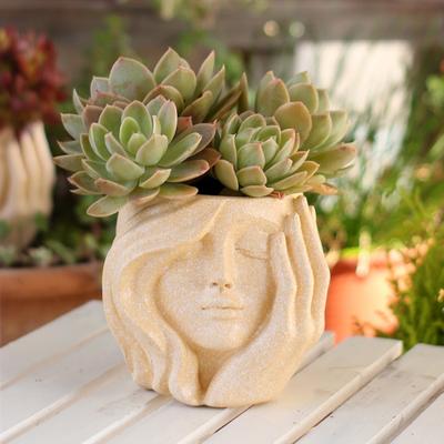 Artistic Women Head Planter Imitation Stone Texture Resin Plant Pot Elegant Female Face Planter for Succulents Indoor Balcony Bedroom Decor