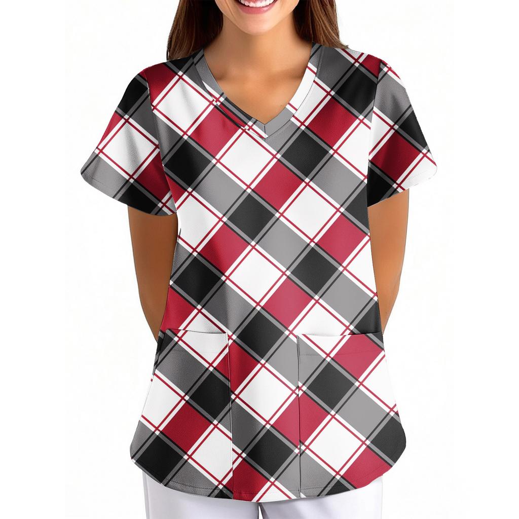 Women's Christmas Print Loose V-Neck Pocket Short-Sleeved Uniform