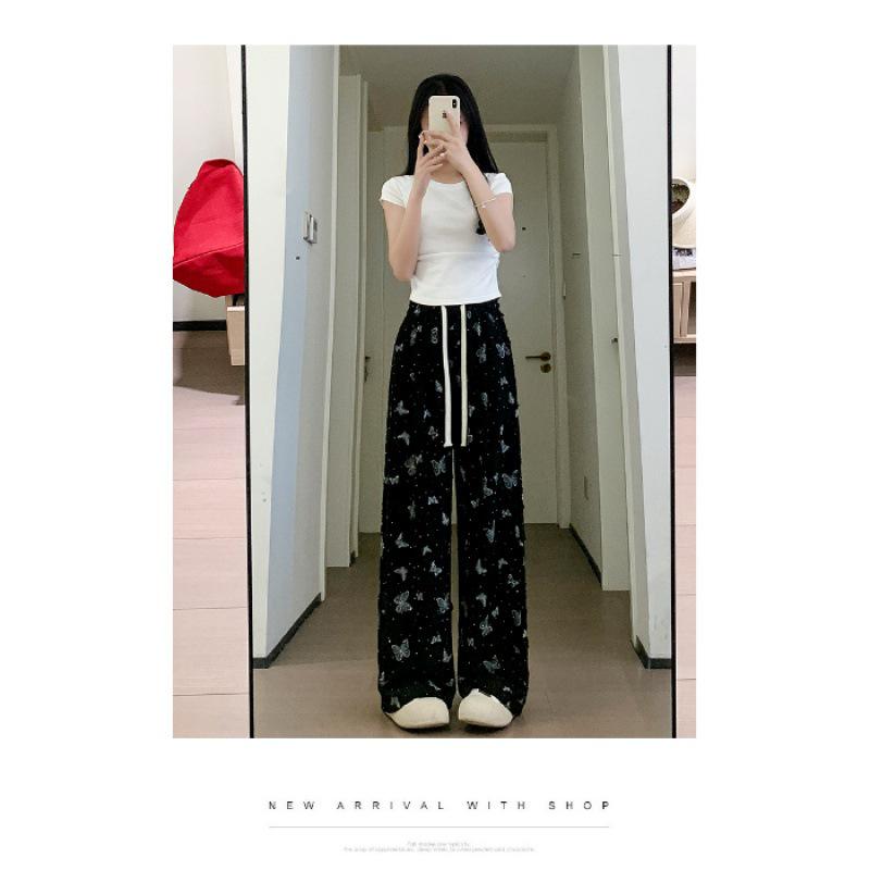 Sommerhose für kleine Frauen mit hohem Bund und weitem Bein, mit Innenfutter und Schmetterlingsrissen - Lässiger und bodenlanger Stil