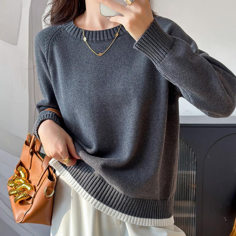 Korean-Style Loose Fit Women's Round Neck Thick Pure Cotton Long Sleeve Sweater for Autumn/Winter