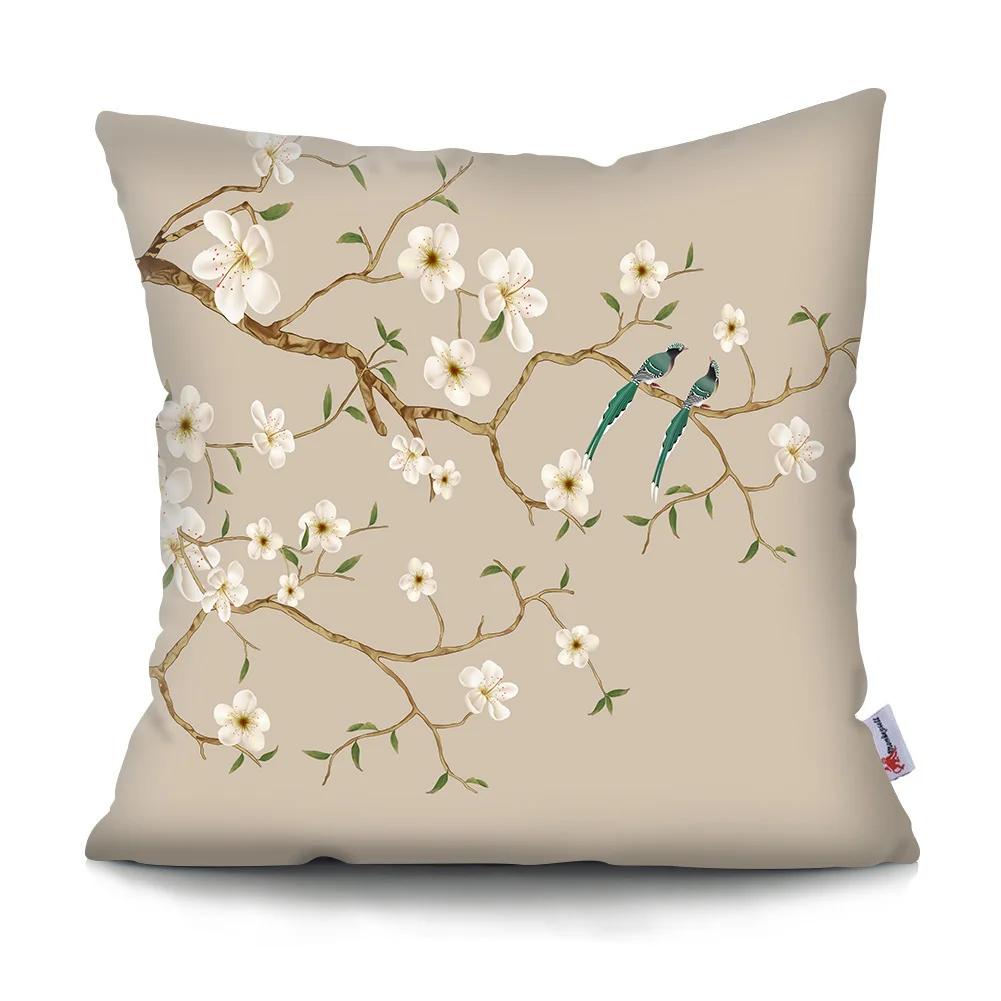 Federa Cuscino Pittura Paesaggistica Cinese Fiori di Prugno Retrò Poliestere Stampato Federa Cuscino Decorazione per la Casa