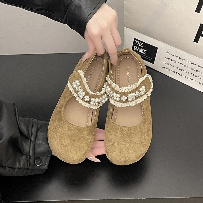 Women Mary Jane Single Shoes 2025 New Spring Summer New Pearl Shallow Mouth Fashionable Outdoor Comfortable Anti Slip Flat Shoes