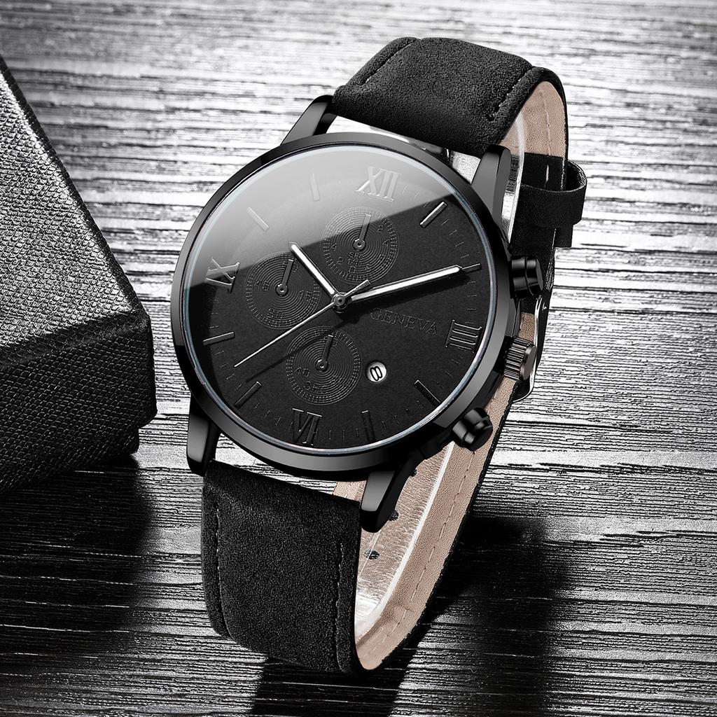 3pcs/set Men's Handsome Leather Watch Simple Roman Scale Three Eye Dial Men's Calendar Strap Quartz Combination Watch (No Box)
