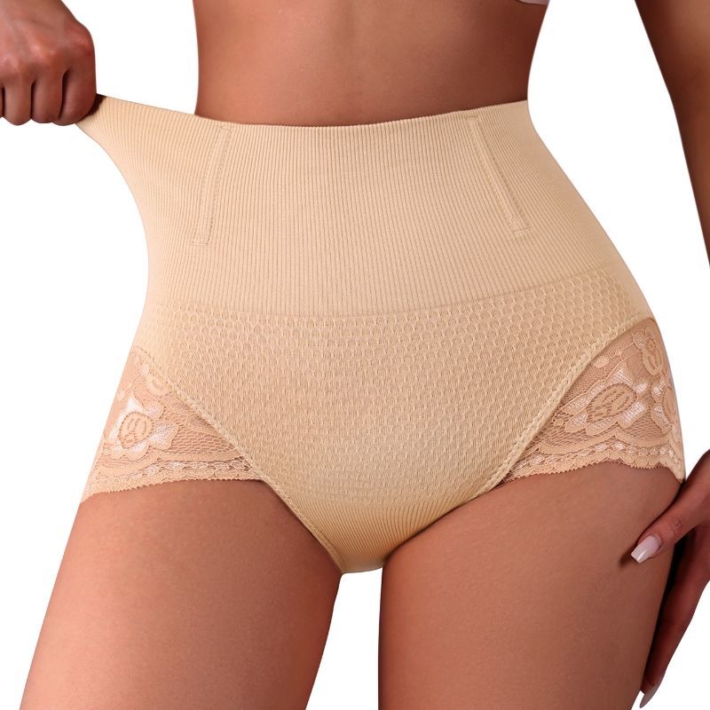 Women's High-Waisted Lace Trim Body Shaping Tummy Control Butt Lifting Triangle Panties with Boning Anti-Roll Edge
