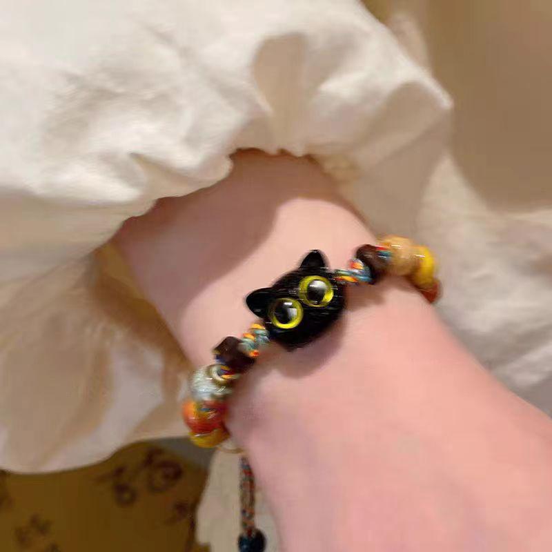 Bracelet Chat Cartoon Mignon Pour Femmes Filles Créatif Coloré Réglable Corde Tressée Bracelets Unique Chat Perlé Breloque Bracelets