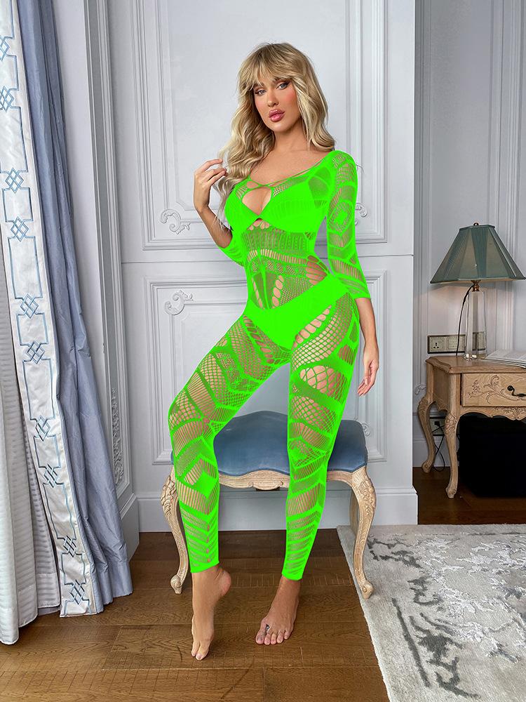 Sexy underwear direct sales women's sexy one-piece long-sleeved silky slippery ultra-thin perspective tights mesh