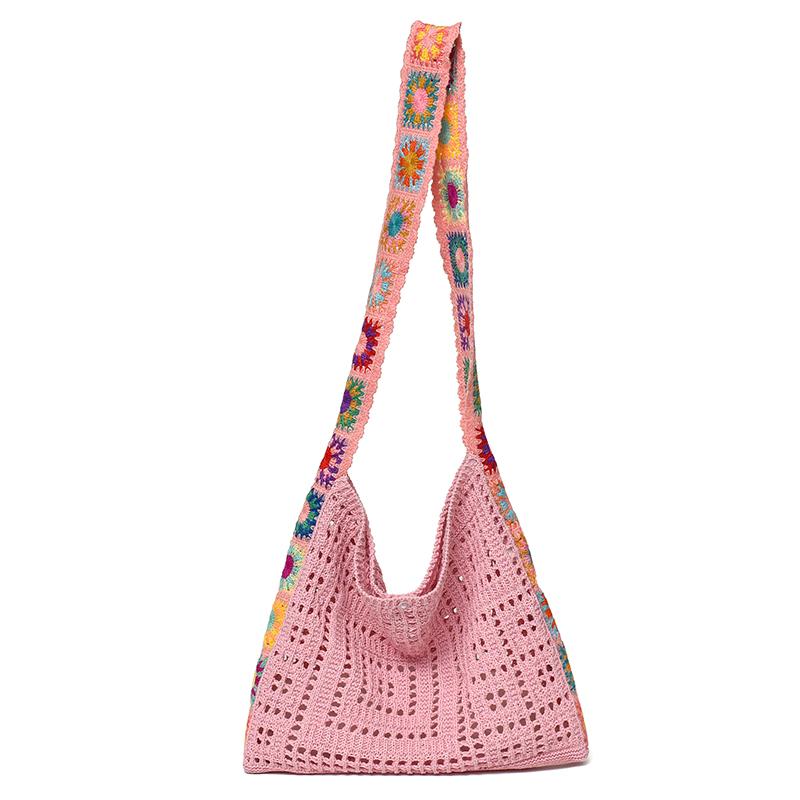Vintage Hollow Crochet Shoulder Bag – Women's Knit Hobo Bag with Floral Embroidered Strap – Large Casual Tote for Beach Commute