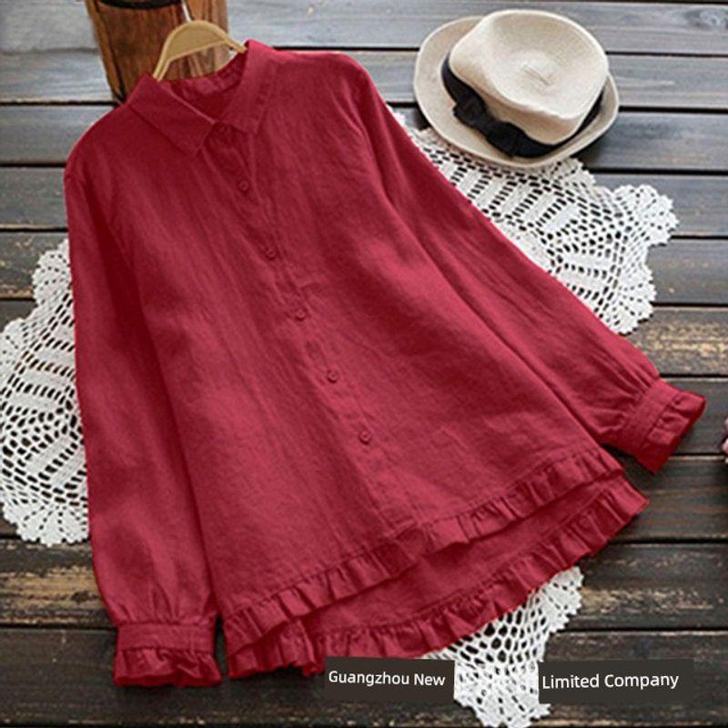 Solid Color Cotton and Linen Loose Shirt Women's Pure Color Cotton and Linen Loose Shirt