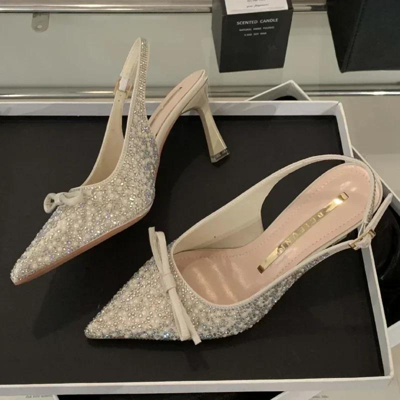 Fashion Sparkling Rhinestone High Heels Women Sexy Pointed Toe Bow Tie Luxury Designer Shoes for Women Elegant Banquet Dress Women Pumps