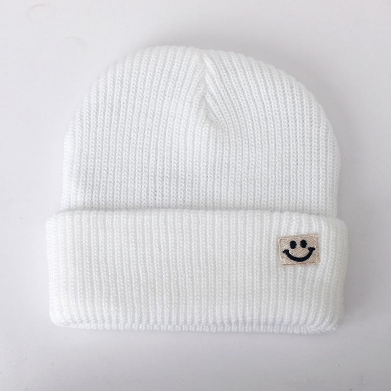 Cute Smiley Face Label Wool Hat Women's Autumn and Winter Warm Trend Versatile Ear Protector Black Knitted Hat Men