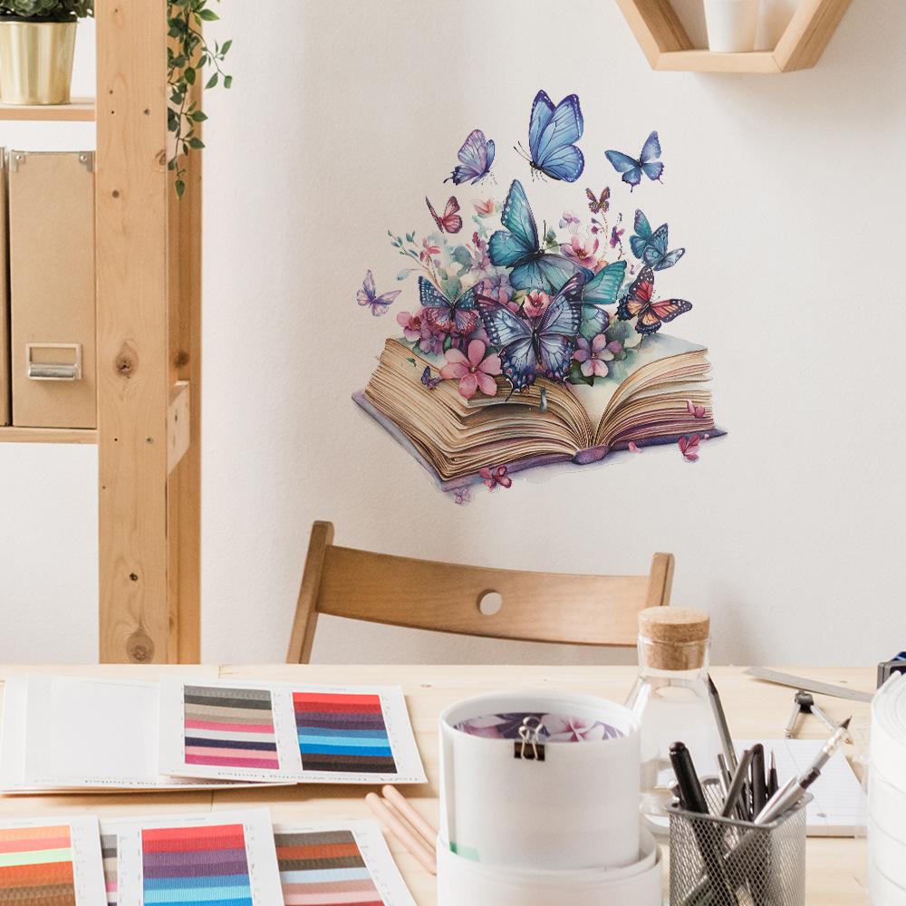 Creative Magic Book Butterflies Flowers Wall Sticker Self-Adhesive Removable for Living Room Entryway Background Home Decor