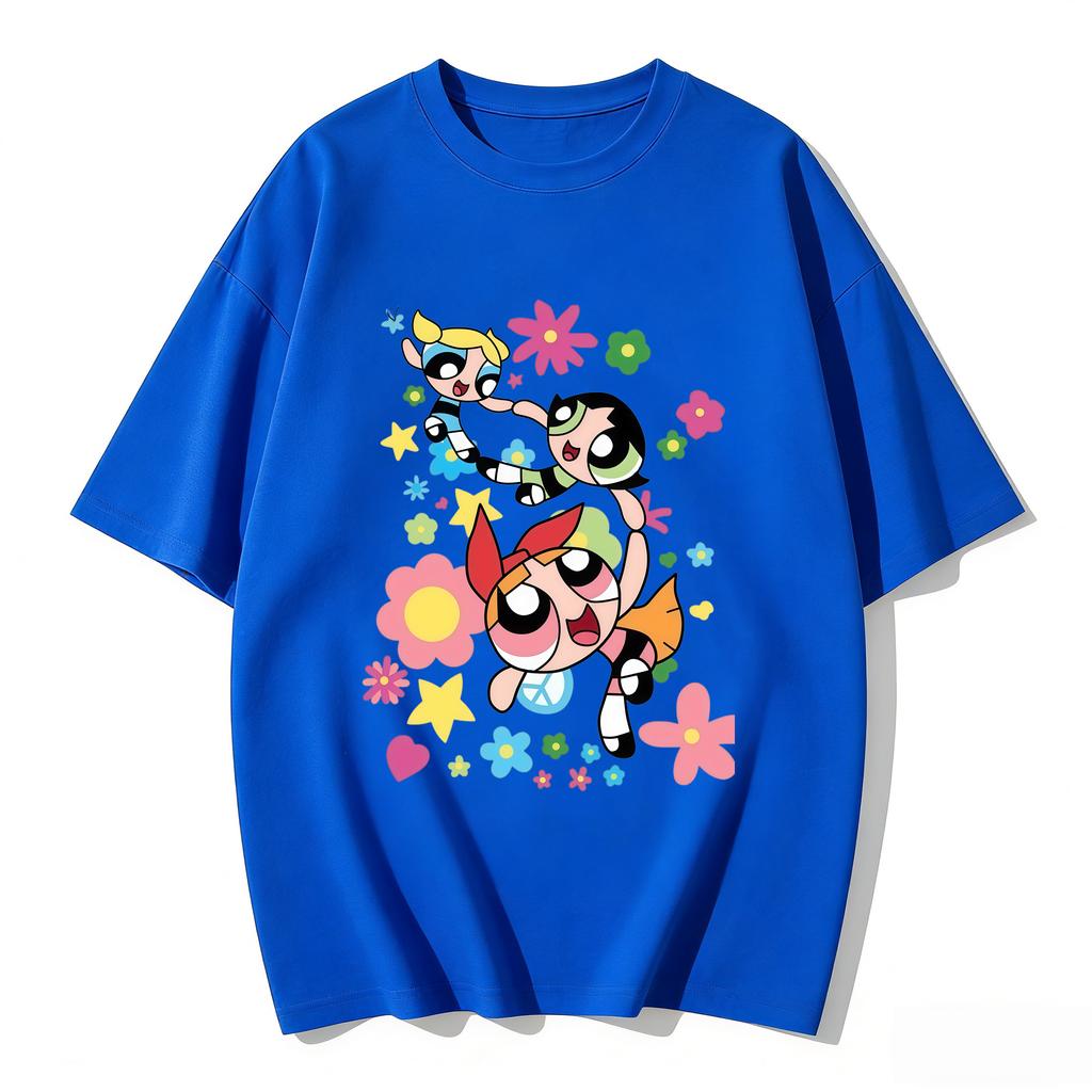 2026 Sommer Niedliche Powerpuff Girls Familien-Matching T-Shirts Cartoon-Druck Baumwoll-T-Shirts Lässige Kurzarm-Oberteile für Kinder und Erwachsene