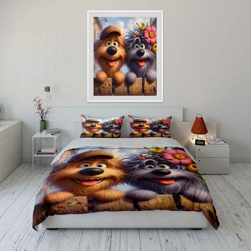 Happy Cartoon Dogs with Flowers Bedding Duvet Cover Set (1*Duvet Cover 2*Pillowcases, without duvet insert)