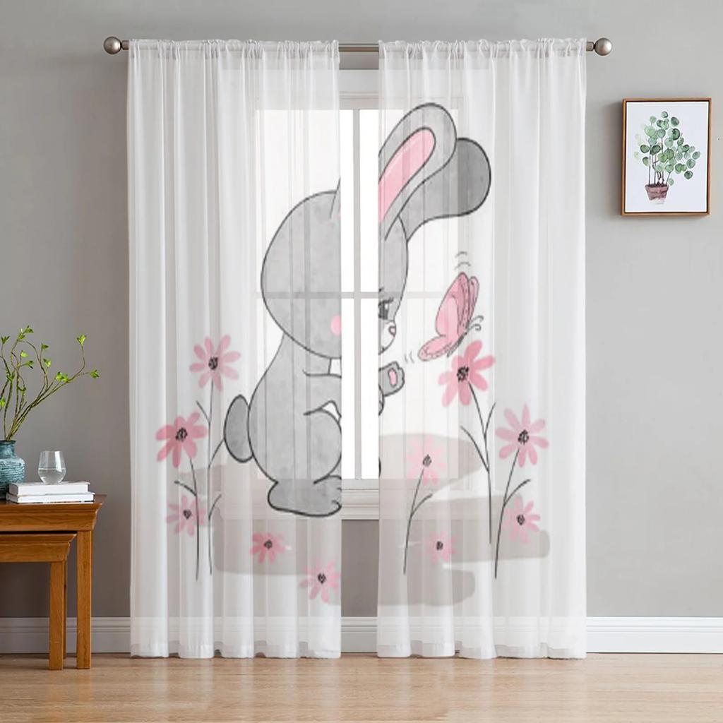 Cute Bunny and Butterfly Sheer Window Curtains for Living Room Girl Bedroom Tulle Curtains Kitchen Veil Chiffon Drapes