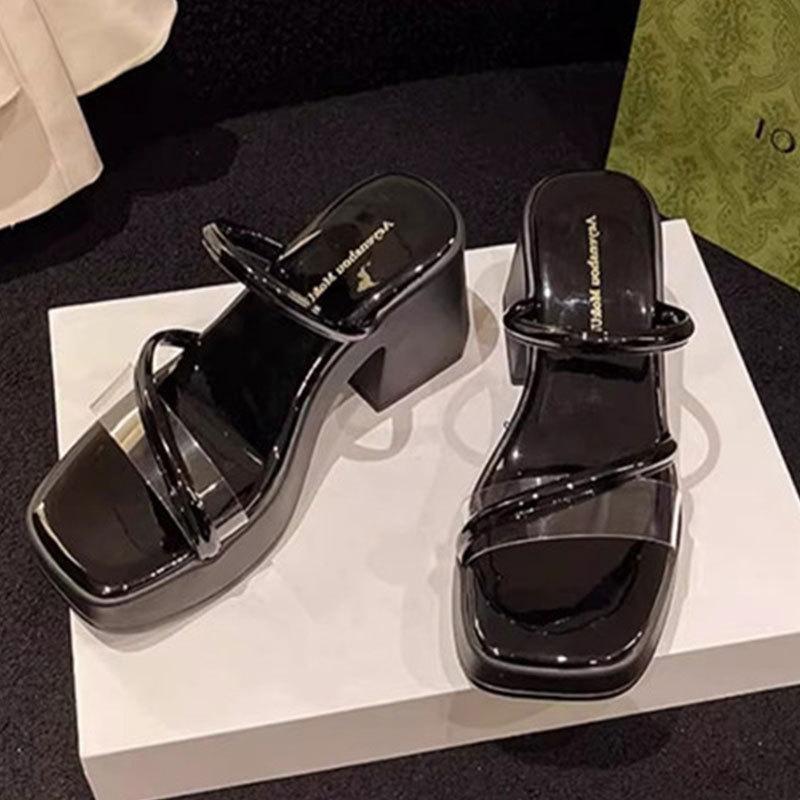 One Word with Transparent High Heel Women's Sandals Summer Internet Celebrity Sexy Outer Slippers Platform High Heel Thick Heel Fashion Sandals